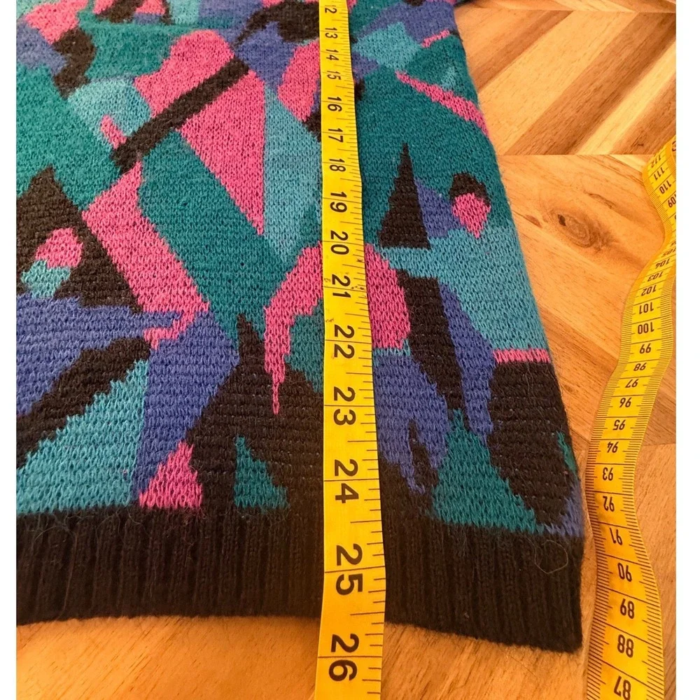 Vintage 90s‎ Odyssey Geometric Abstract Knit Sweater Pink Teal Wool Blend Large